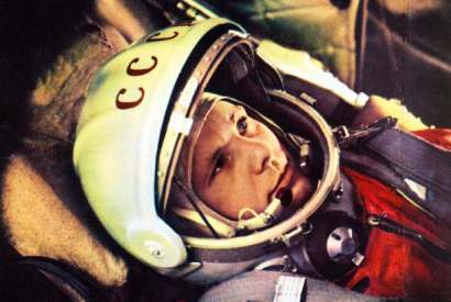 Yuri Gagarin in the cabin of Vostok, the spacecraft in which he made the first human journey to outer space on 12 April, 1961