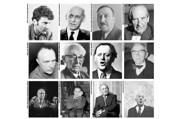 From top left: Lucian Freud, Rudolf Bing, Stefan Zweig, Walter Gropius, Rudolf Laban, Max Born, Kurt Schwitters, Friedrich Hayek, Fritz Busch, Frank Auerbach, Emeric Pressburger, Oskar Kokoschka