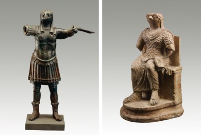 Standing figure of the ancient Egyptian god Horus, wearing Roman military costume, 1st–2nd century AD and Seated figure of the ancient Egyptian god Horus, wearing Roman military costume, 1st–2nd century AD