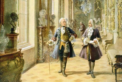 Frederick strolls with Voltaire through the palace of Sans-Souci