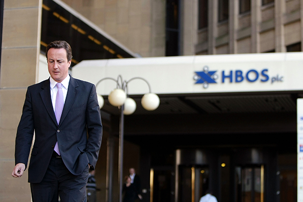 David Cameron leaves the headquarters of the Halifax Bank of Scotland (HBOS) in 2008 (Photo: Getty)