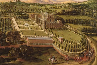 Wollaton Hall, Nottingham, from the east, painted by the Flemish artist Jan Siberechts in 1695. In the foreground the D-shaped bowling green sits on a raised terrace with a banqueting house on its southern side