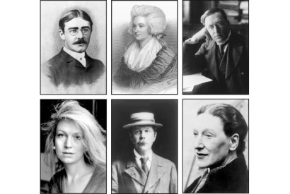 Clockwise from top left: Rudyard Kipling, Hannah More, M.R. James, Elizabeth Bowen, Arthur Conan Doyle and Candia McWilliam