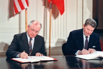 Gorbachev and Reagan sign the historic treaty on 8 December 1987 eliminating Soviet and Us intermediate-range and short-range nuclear missiles