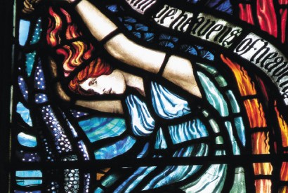 Walter Crane and James Silvester Sparrow, detail of Psalm 148, window (1896), Holy Trinity Church, Hull, Yorkshire. From Arts & Crafts Stained Glass, by Peter Cormack (Yale)