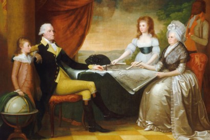 A portrait by Edward Savage of the Washingtons at home, with two of Martha’s grandchildren, adopted by her after the death of their parents