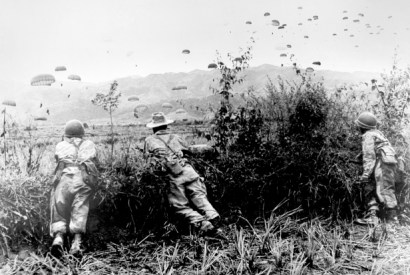Paratroopers are dropped to reinforce trapped French troops at Dien Bien Phu, 1954