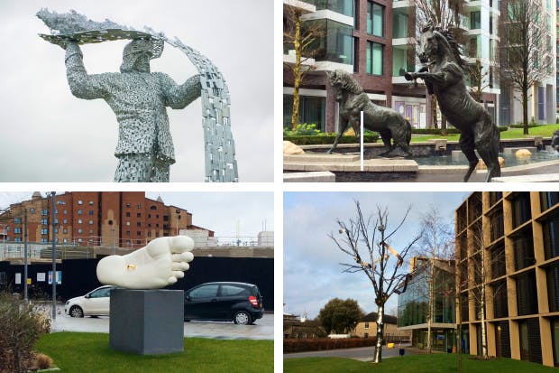 Clockwise from top left: ‘The Steelman’ by Andy Scott; ‘Horses’ by Hamish Mackie; ‘Alchemical Tree’ by Simon Periton; ‘Modern Marriage’ by Simon Fujiwara