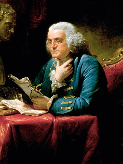 Benjamin Franklin in London, with the bust of Isaac Newton on his desk