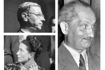 Clockwise from top left: Jean-Paul Sartre, Martin Heidegger and Simone de Beauvoir