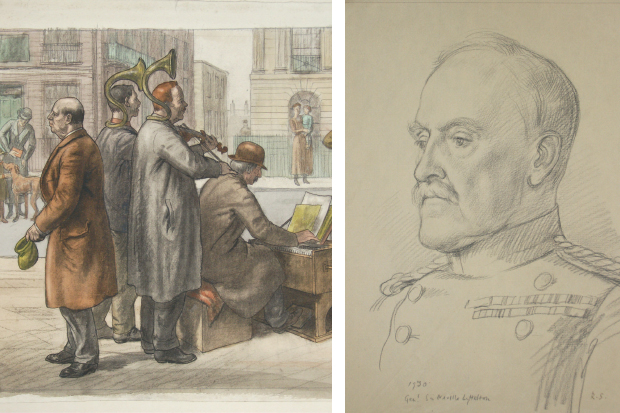 ‘Street musicians’; and (right) portrait of Neville Lyttelton by Randolph Schwabe