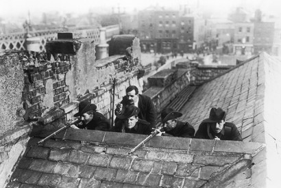 Irish Citizen Army soldiers on rooftops in Dublin before the Easter Rising of 1916