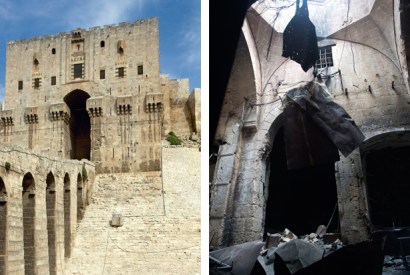 Left: The main gate to the mighty citadel has withstood centuries of invasion. Now much scarred, it presides over a bombed-out city, including the wrecked medieval souq (above), until recently the world’s largest and most vibrant covered historic market and Unesco world heritage site