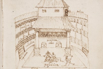The interior of the Swan Theatre, Southwark, in 1596, based on a sketch by a Dutch traveller, Johannes de Witt, and probably the best indicator of what the Globe Theatre would have looked like.