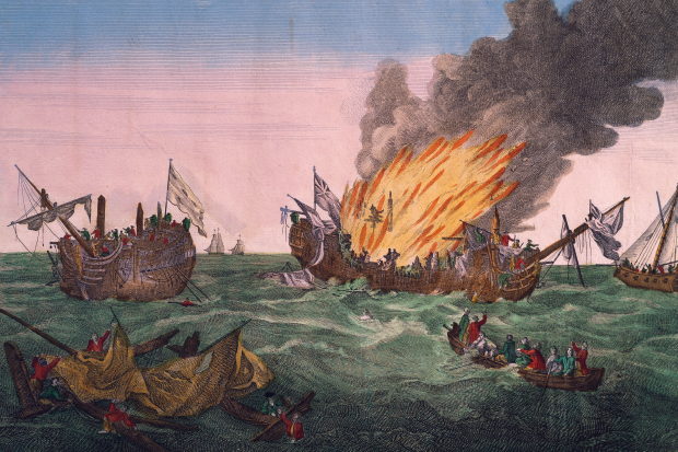 The French frigate Surveillante blows up the British frigate Quebec in a minor but famously furious engagement on 6 October 1779
