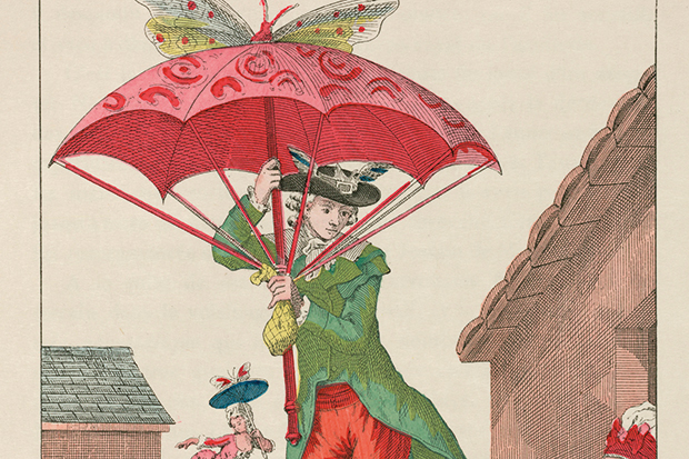 A butterfly-powered parachute gently ridicules the French obsession with flight in the late 18th century, illustrated in Gaston Tissandier’s Histoire des ballons et des aéronautes célèbres: 1783–1800