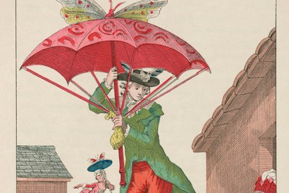 A butterfly-powered parachute gently ridicules the French obsession with flight in the late 18th century, illustrated in Gaston Tissandier’s Histoire des ballons et des aéronautes célèbres: 1783–1800