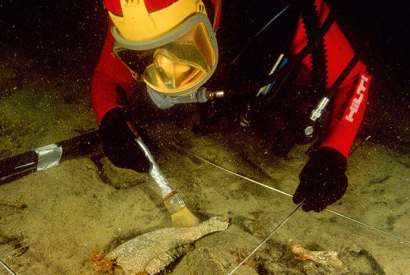 Buried treasure: an archaeologist diver brushes clear a bovid jaw discovered in Aboukir Bay