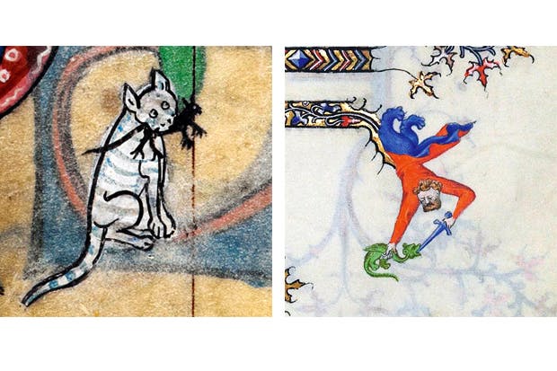 Left: detail from ‘The Maastricht Hours’, Liège, 14th century, and ‘Les Grandes Heures du Duc de Berry’, Paris, 1409