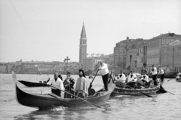 Igor Stravinsky’s body being carried through Venice to the Basilica of San Zanipolo, where, by papal dispensation, a Russian Orthodox service was held