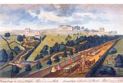 The Capability Brown-landscaped garden at Prior Park, near Bath, and the first know image of a railway line, from a drawing by Anthony Walker, 1750