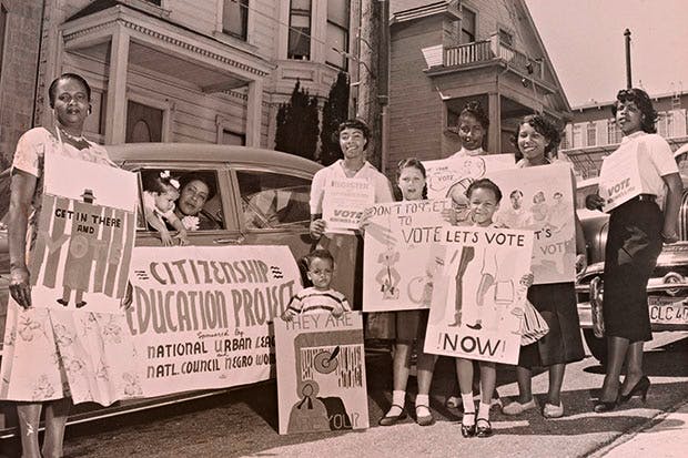 We, too, are America: children and members of the San Francisco chapter of the National Council of Negro Women at a voter registration motorcade, 1956