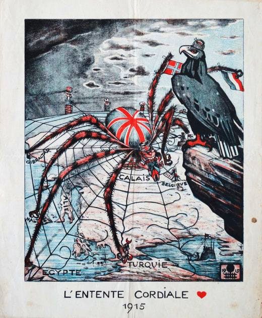 German propaganda poster: a spider with the face of John Bull devours a French soldier at Calais. Photo: British Library