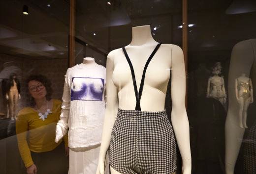 Rudi Gernreich's tweed 'baggy pants' at the Barbican's exhibition 'The Vulgar'. Photo: © Michael Bowles / Getty Images