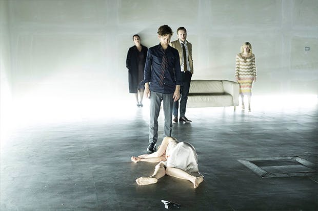 Kate Duchêne as Juliana, Kyle Soller as Tesman, Ruth Wilson as Hedda, Rafe Spall as Brack and Sinead Matthews as Mrs Elvsted in ‘Hedda Gabler’