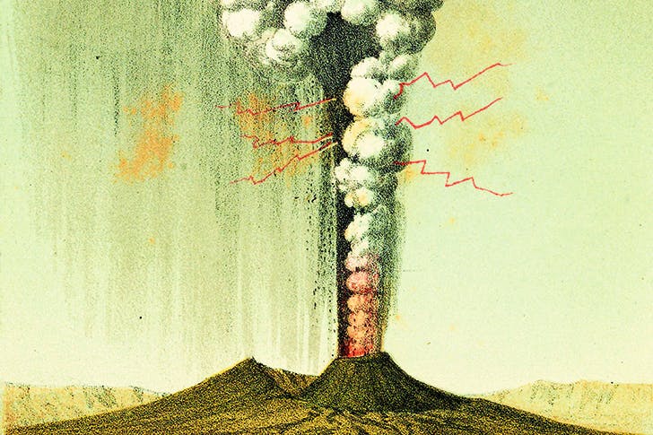 ‘Explosive eruption of Vesuvius viewed from Naples, October 1822’ by George Poulett Scrope Frontispiece from Considerations on Volcanoes, 1825