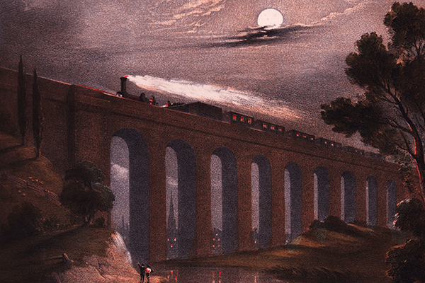 The romance and drama of the night train is captured in Charles d’Albert’s illustration