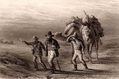 Robert O’Hara Burke, William John Wills and John A. King return to their depot at Cooper’s Creek, Queensland, during their ill-fated exploration of the Australian interior, 1860–61