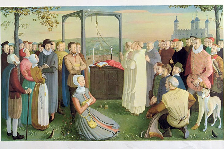 ‘The Forty Martyrs of England and Wales’ by Daphne Pollen. The two foreground figures are Margaret Clitheroe and Nicholas Owen, the priest-hole maker. Behind Margaret Clitheroe, with arms crossed, is Edmund Campion. Philip Howard, 1st Earl of Arundel, is in doublet and hose beside the greyhounda
