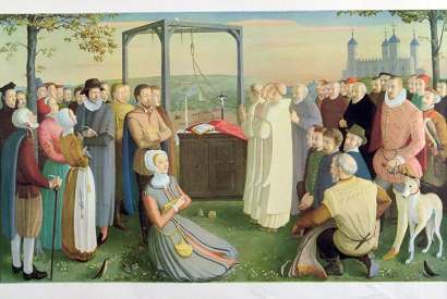 ‘The Forty Martyrs of England and Wales’ by Daphne Pollen. The two foreground figures are Margaret Clitheroe and Nicholas Owen, the priest-hole maker. Behind Margaret Clitheroe, with arms crossed, is Edmund Campion. Philip Howard, 1st Earl of Arundel, is in doublet and hose beside the greyhounda