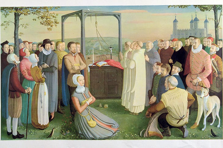 ‘The Forty Martyrs of England and Wales’ by Daphne Pollen. The two foreground figures are Margaret Clitheroe and Nicholas Owen, the priest-hole maker. Behind Margaret Clitheroe, with arms crossed, is Edmund Campion. Philip Howard, 1st Earl of Arundel, is in doublet and hose beside the greyhounda