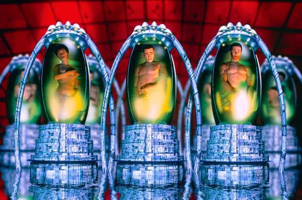 A computer illustration of people in cryogenic pods