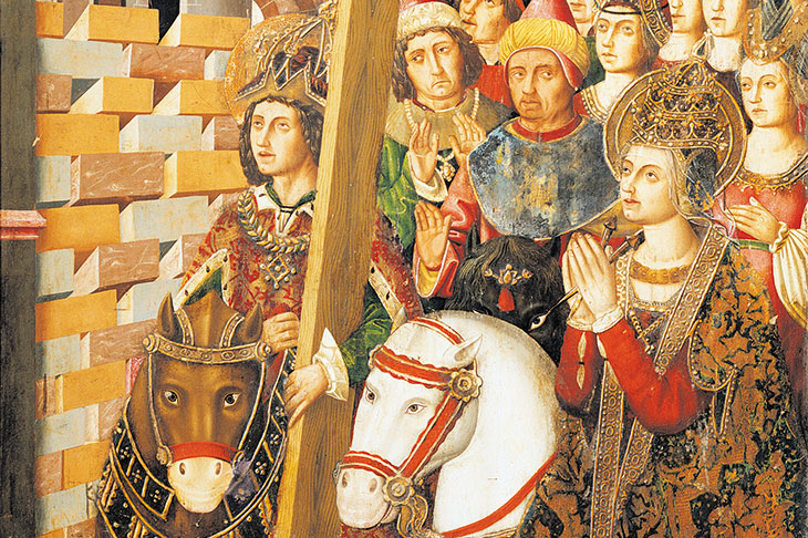 Saint Helena and the Emperor Heraclius restore the Holy Cross to Jerusalem after its recapture from the Persians. Altarpiece by Miguel Jimenez and Martin Bernat, c.1485