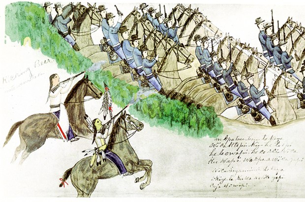 The beginning of the Battle of the Little Bighorn, 1876 , by the Oglala-Lakota artist Amos Bad Heart Bull