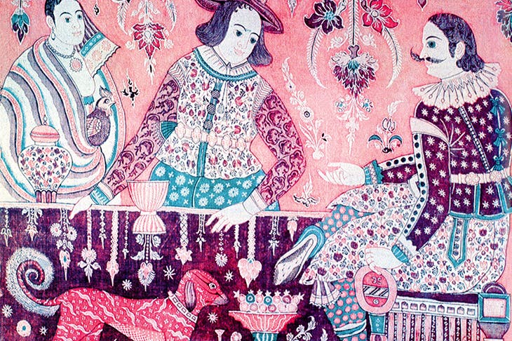 An English merchant bargains with an Indian in a 16th-century cotton tapestry
