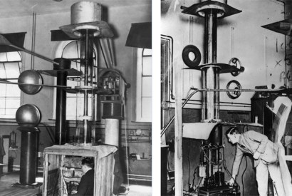1932. Right, John Cockcroft adjusts a pump at the Cavendish Laboratory's atom splitter. Left, Ernest Walton sits working in the detector of a Cockcroft-Walton generator.