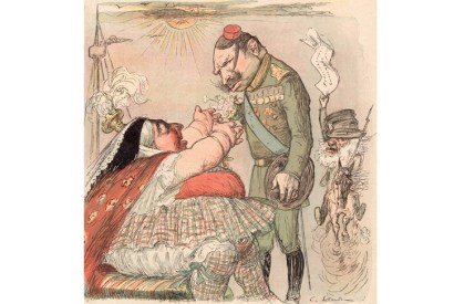 The 80-year-old queen is caricatured in the French satirical magazine Le Rire, greeting her nephew the Kaiser (December 1899)