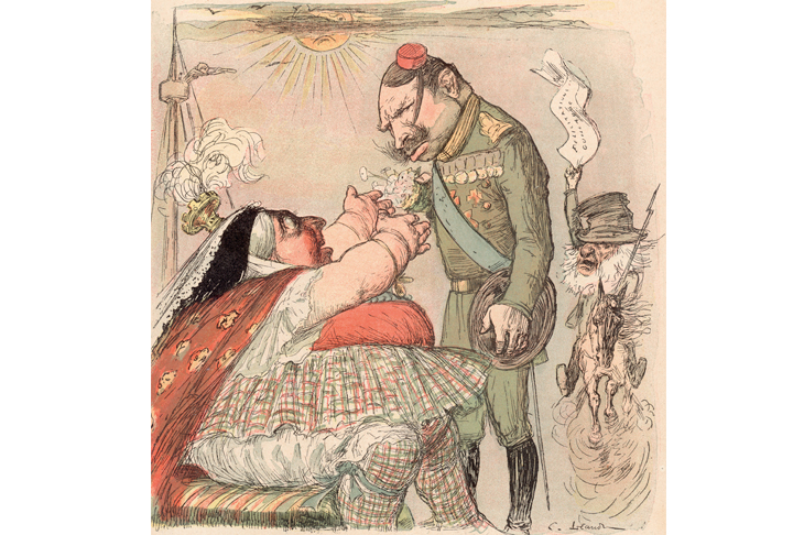 The 80-year-old queen is caricatured in the French satirical magazine Le Rire, greeting her nephew the Kaiser (December 1899)