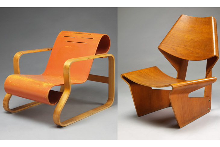 Plywood at its most curvaceous, acceptable and collectible: Alvar Aalto armchair, 1930 (left), and moulded plywood chair by Grete Jalk, 1963