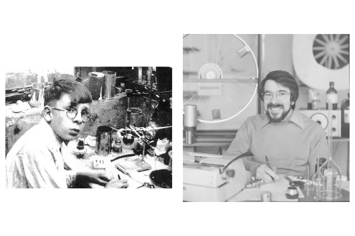 David Jones, aged 12, with his chemistry set and, right, as ‘potty prof’ Daedalus