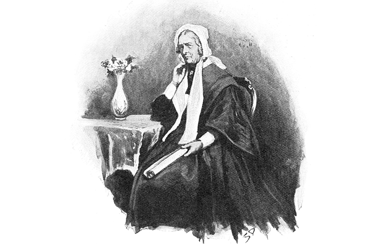 The miserly widow Mary Emsley, clutching a roll of her precious wallpaper, as portrayed in the popular press