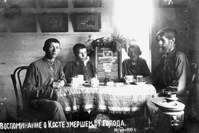 Mykola Bokan’s photograph of his family, including a memorial to ‘Kostya, who died of hunger’, July 1933. Bokan and his son were arrested for documenting the famine — both died in the gulag