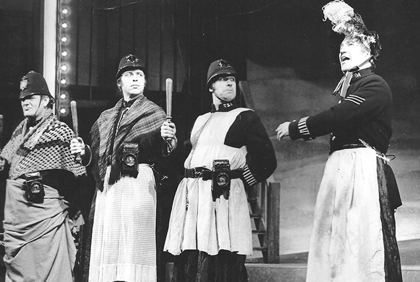 Cross-dressing in the Met. Policemen don women’s clothes to catch the Whitechapel murderer. Charles West (far right) leads the search in Jack the Ripper, 1974