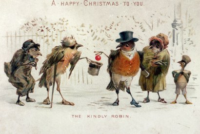 ‘The Kindly Robin’: a Victorian Christmas card portrays the robin as a ‘good’ bird, despite it being aggressive by nature, and quick to see off intruders