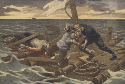 ‘A new Raft of the Medusa’.Two survivors, Maurice Anderson and Goodman Thomasen, of the Norwegian ship Drot turned on their German companion in an act of cannibalism — after which Anderson savagely attacked Thomasen (From Le Petit Journal, 1899.)