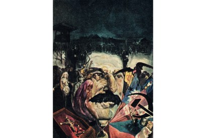 An anti-Stalinist painting of the 1940s shows the tyrant’s face composed of starving Russians, against a backdrop of the Gulag